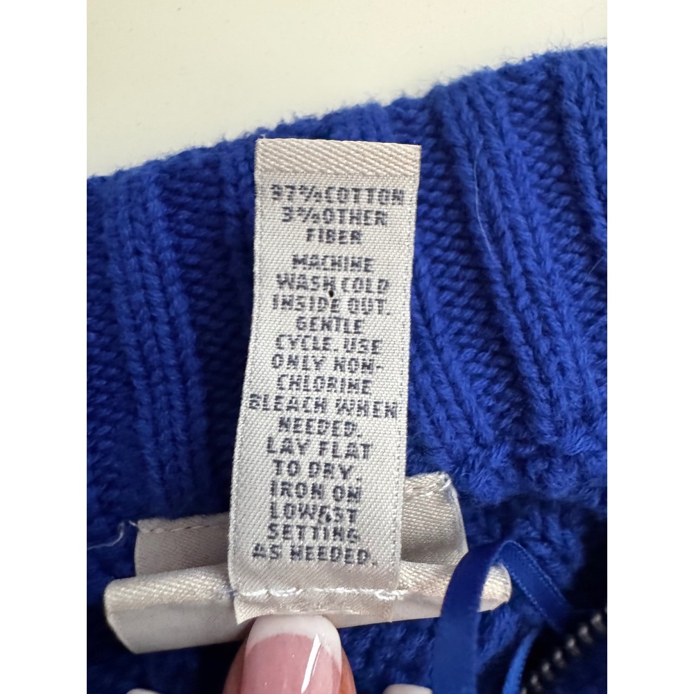 Royal Blue Cable Knit Quarter Zip Sweater Mock Neck XL Preppy Academia Cotton - Picture 8 of 8
